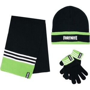 Fortnite Kids Beanie Scarf Gloves Set Black Green Officially Licensed New